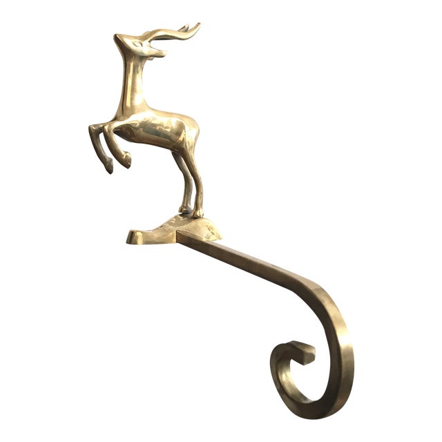 Vintage Mid Century Modern Brass Gazelle Christmas Stocking Hanger Hook