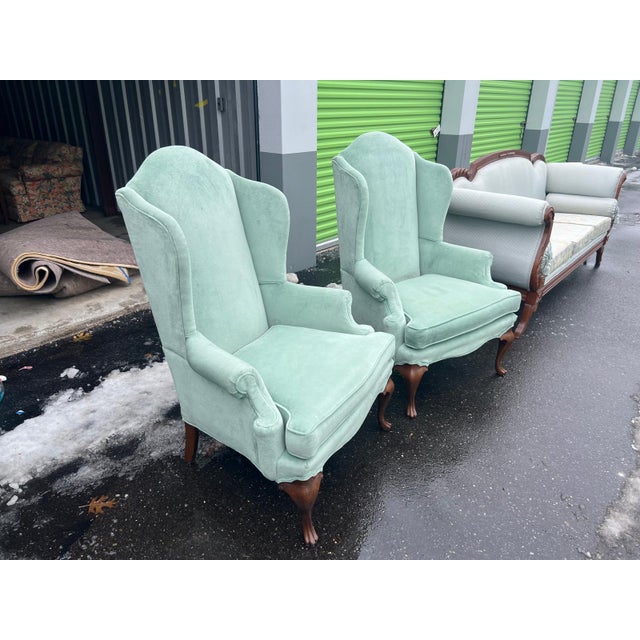 Transitional Pair of Vintage Wingback Light Blue Velvet Chairs For Sale - Image 3 of 7