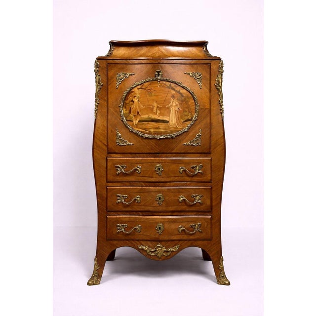 Louis XV Marquetry Secretaire with Gallant Scene in Gilt Bronze For Sale - Image 6 of 7
