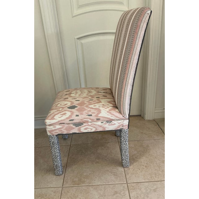 1980s Custom Multi-Pattern Upholstered Accent Chair & Small Footstool Set For Sale - Image 4 of 9