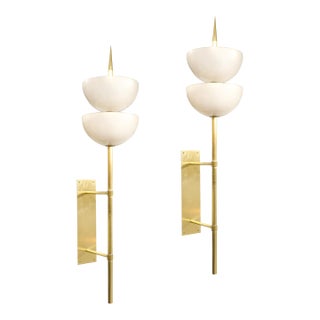 Modernist Hand-Blown Murano Glass Reverse Dome Form Brushed Brass Sconces For Sale