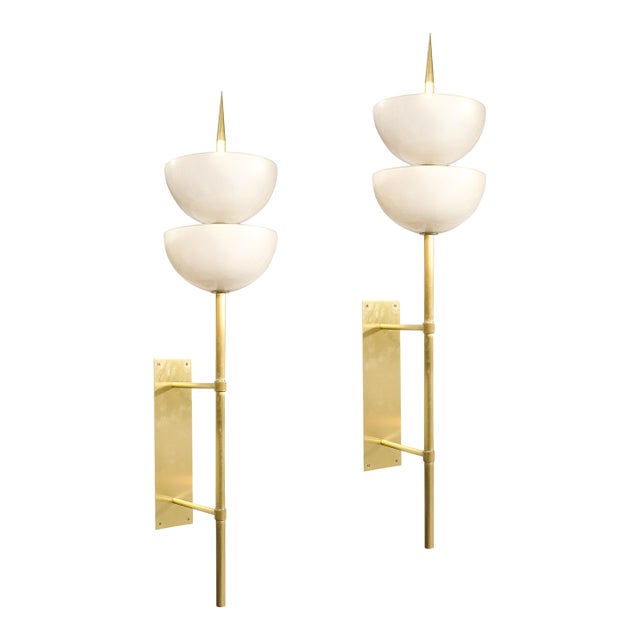 Modernist Hand-Blown Murano Glass Reverse Dome Form Brushed Brass Sconces For Sale