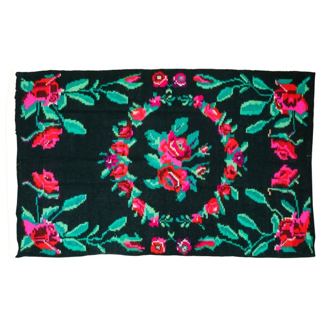 Black Vintage Handwoven Wool Floral Rose Rug, 1960s For Sale - Image 8 of 8