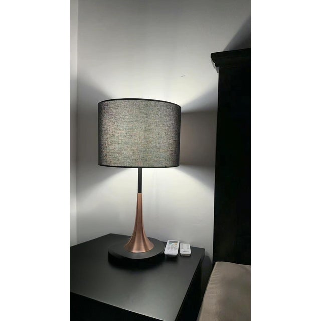 Art Deco Brown Linen & Copper-Brown Iron Table Lamp For Sale - Image 3 of 5