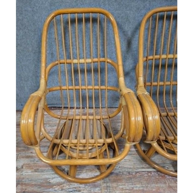 Wood Rattan Swivel Armchairs, 1970s, Set of 2 For Sale - Image 7 of 9