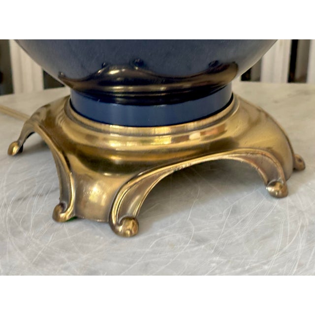 1950s Brass and Indigo Blue Porcelain Lamp With Shade For Sale - Image 4 of 10