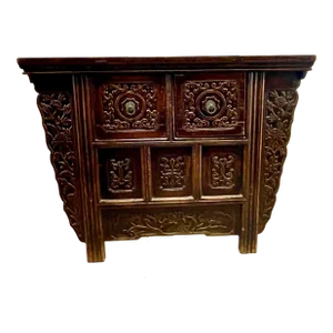 Late 19th Century Antique Chinese Qing Dynasty Carved Red Lacquer Butterfly Alter Storage Cabinet