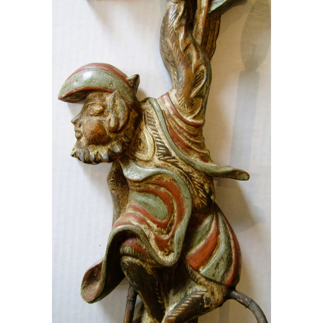 Opposing Pair of Polychrome Hand Carved Wood and Iron Monkey Wall Sconces C 1920 For Sale In Miami - Image 6 of 16