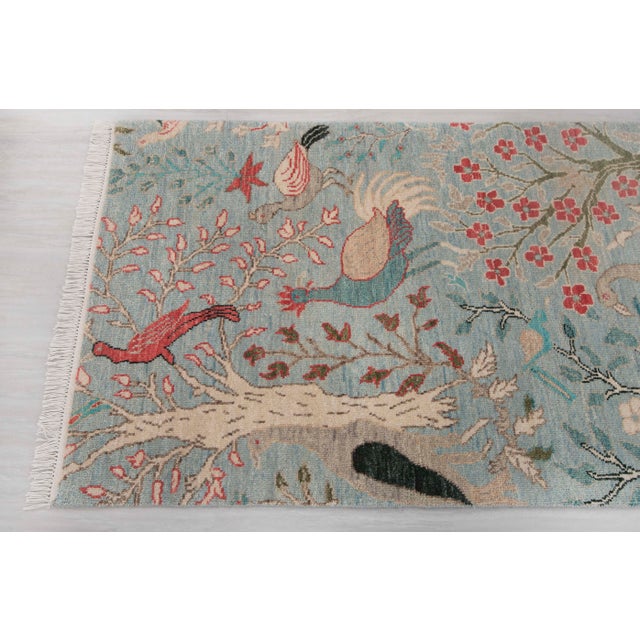 2.6x12ft. Light Blue Peacock Bird Garden Hand Knotted Wool Rug For Sale - Image 4 of 17