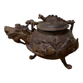 Antique Old Bronze Chinese Dynasty Footed Spout Tetsubin Tea Pot With Dragon Head and Koi Carp Fish For Sale