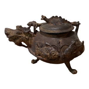 Antique Old Bronze Chinese Dynasty Footed Spout Tetsubin Tea Pot With Dragon Head and Koi Carp Fish