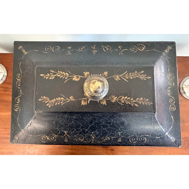 1990s Chinoiserie Style Gilt Decorated Black Tole Box With Scalloped Lid by Sarreid For Sale - Image 5 of 12