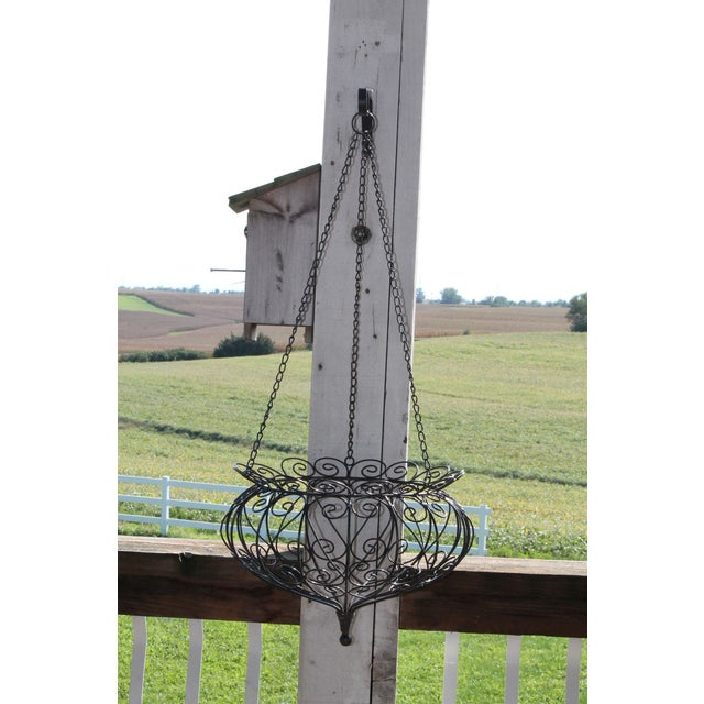 French Country Large, Vintage, Enameled Steel, Scrolled Hanging Planter For Sale - Image 3 of 9
