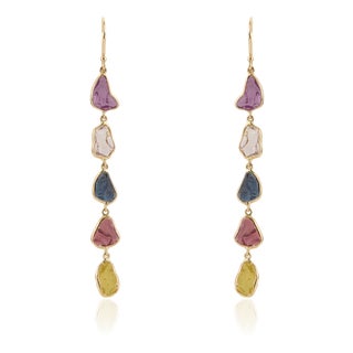 14.75ct Rainbow Sapphire Uncut Antique Style Dangle Earrings in 14k Gold- A Pair For Sale