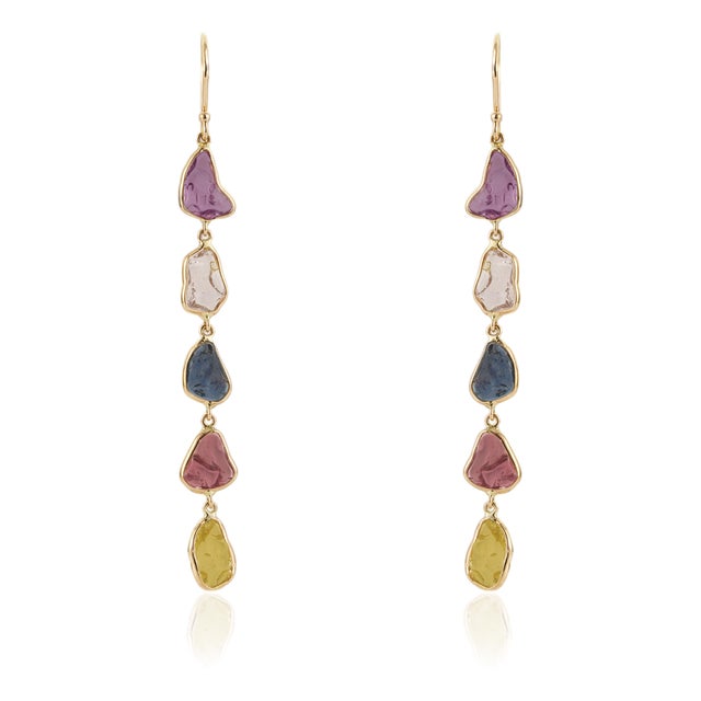 14.75ct Rainbow Sapphire Uncut Antique Style Dangle Earrings in 14k Gold- A Pair For Sale