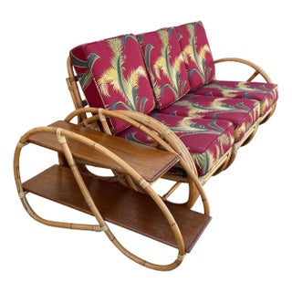 1940s Restored Rattan 3-Strand Full Round Pretzel Sofa & Side Table Living Room Set For Sale