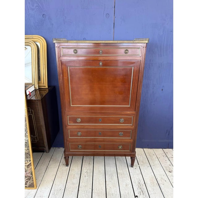 19th Century French Louis XVI Mahogany Secretary Desk Carrara Marble Top For Sale - Image 12 of 14
