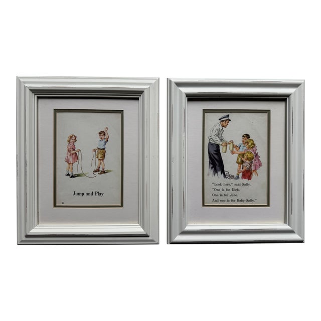 Dick and Jane Print Art, Framed, A Pair For Sale
