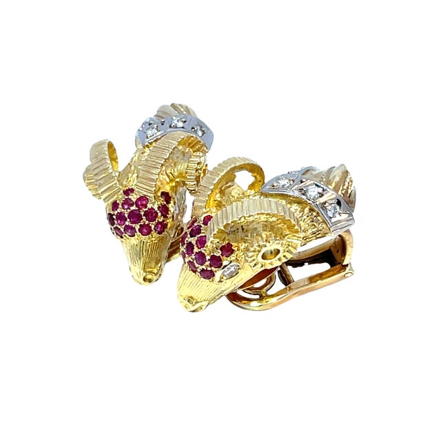 Modern 18k Yellow & White Gold Ram’s Head Lever-Back Earrings Set With Ruby and Diamond, A Pair For Sale - Image 3 of 6