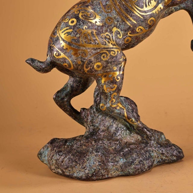 Bronze Leaping Antelope Sculpture, Intricate Gold Inlaid Scroll Patterns, Archaic Chinoiserie Statue For Sale - Image 10 of 10