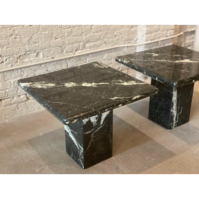 Stone 1980s Vintage Nero Marquina Black Marble Postmodern Side Tables - A Pair For Sale - Image 7 of 11