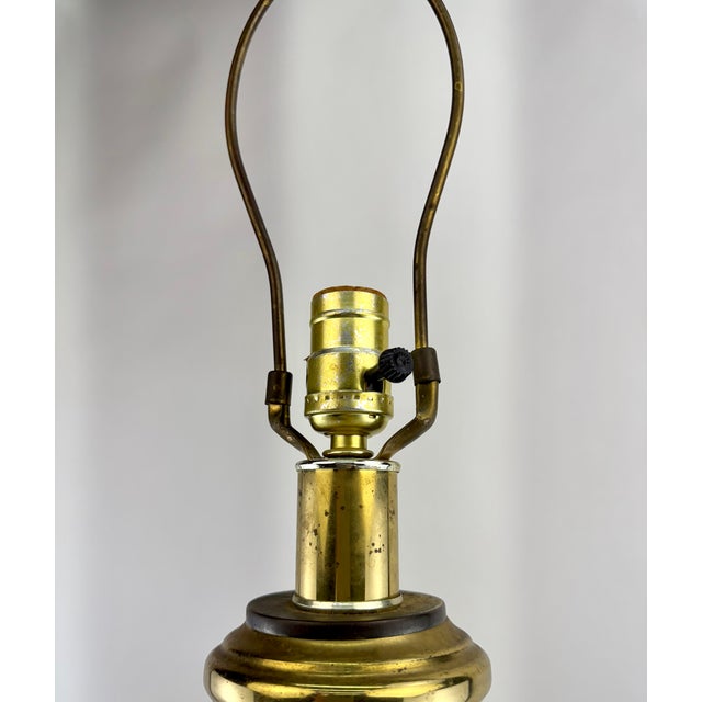 Mid 20th Century Hollywood Regency Chinoiserie Brass Table Lamp With Embossed Landscape Motif on Wood Base For Sale - Image 10 of 13