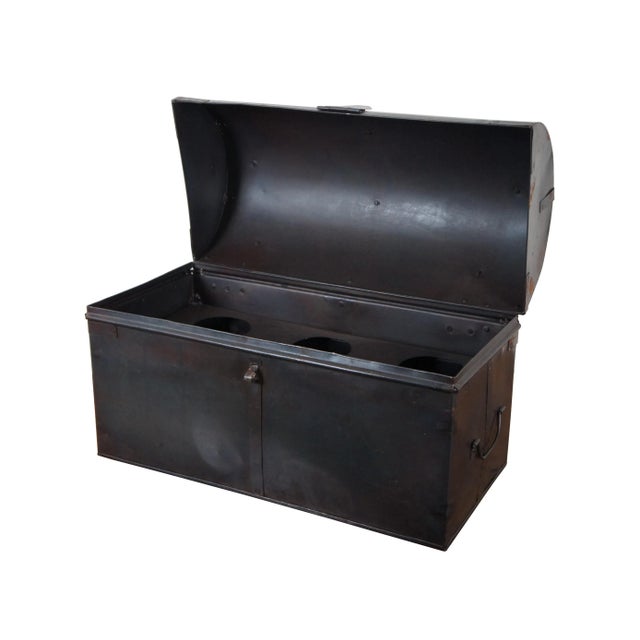 Vintage black metal box / chest / trunk in the shape of a mailbox featuring domed top with hasp on the front to...