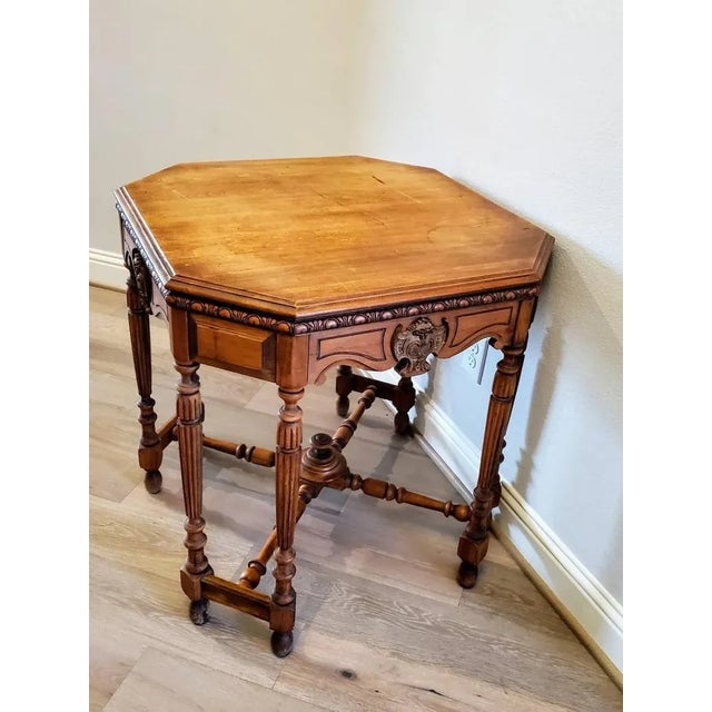 Antique American Victorian Carved Walnut Octagonal Parlor Table For Sale - Image 10 of 11