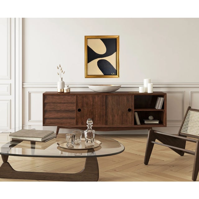 Bryan Boomershine, original abstract Mid-Century Inspired Painting in cream and black with a gold frame. This painting...