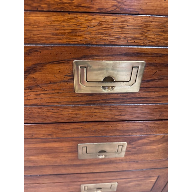 Wood 1970s Henredon Scene One Campaign Oak Lighted Display and Bar Cabinet For Sale - Image 7 of 9