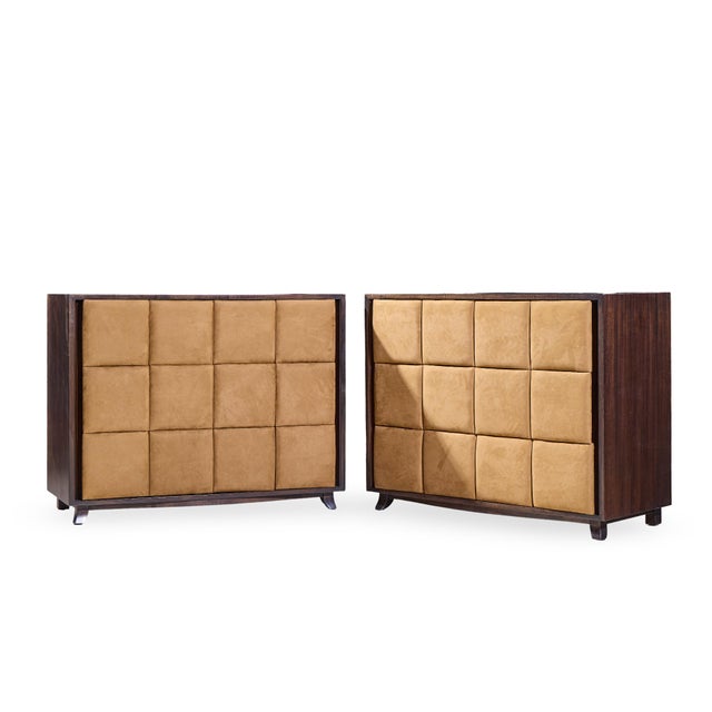 Gilbert Rohde for Herman Miller Model 4140 Mid Century Upholstered Chest Dresser - Pair Each dresser measures: 44.25 wide...