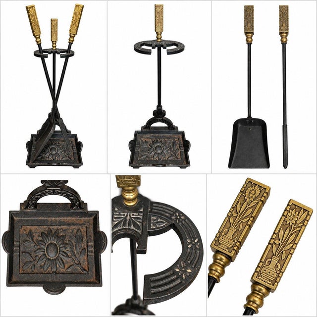Vintage set of 3 fireplace tools with elegant brass handles featuring floral details. The aged metal finish and decorative...