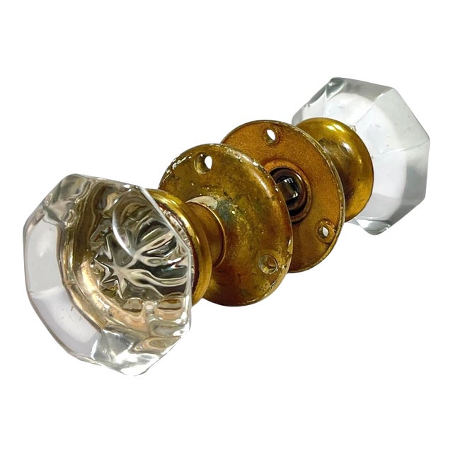 Early 1900s American Glass Knobs With Cast Brass Rosettes - A Pair For Sale
