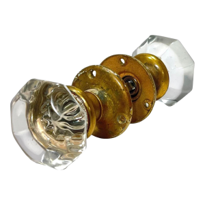 Early 1900s American Glass Knobs With Cast Brass Rosettes - A Pair