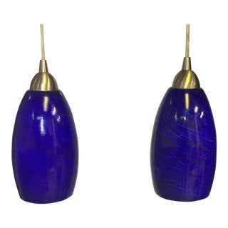 Blue Pendant Lights - A Pair For Sale