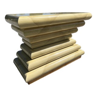 1970s Karl Springer Style Stacked Faux Goatskin Bullnose Console Table With Brass Base For Sale