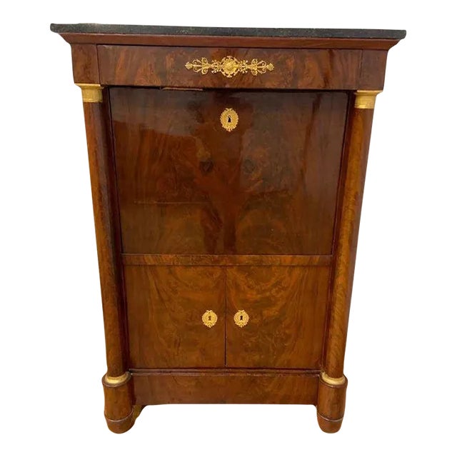 Antique French Empire Mahogany Gilt-Bronze Mounted Marble-Top Abattant Secretary Desk For Sale