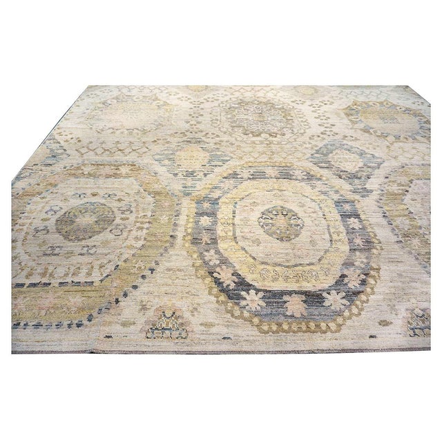 Turkish 21st Century Turkish Oushak Wool 13x16 Tan, Charcoal & Yellow Handmade Area Rug #1144077 For Sale - Image 3 of 16