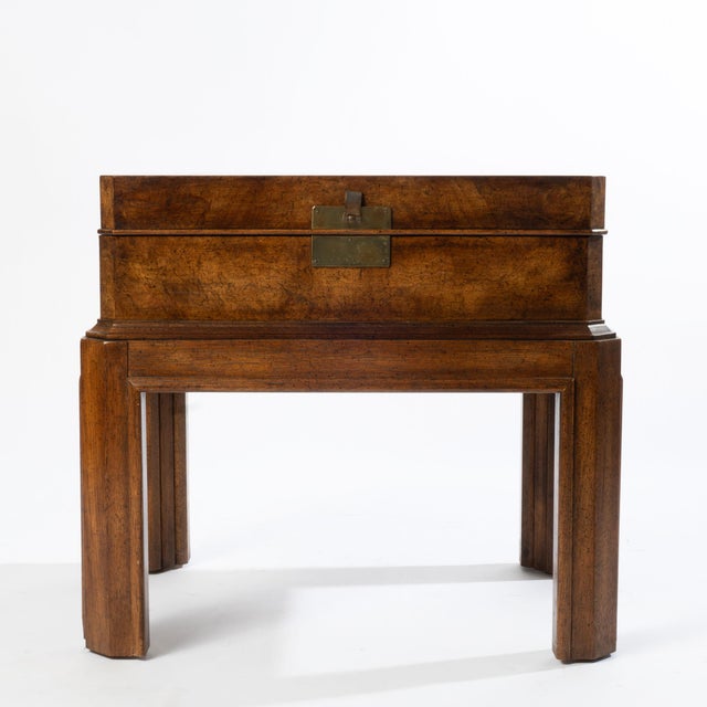 Vintage elm burl wood lift top campaign style chest with beautiful wood grain.