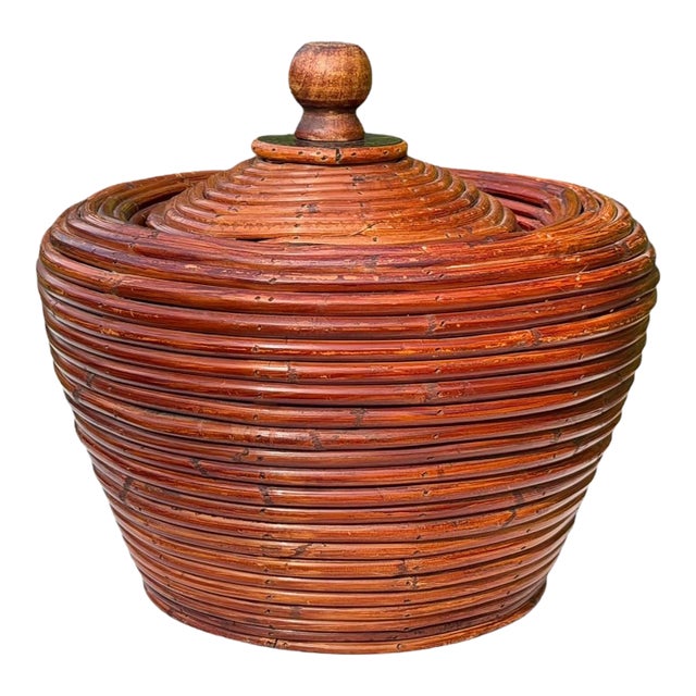 Vintage Pencil Reed Rattan Lidded Urn For Sale