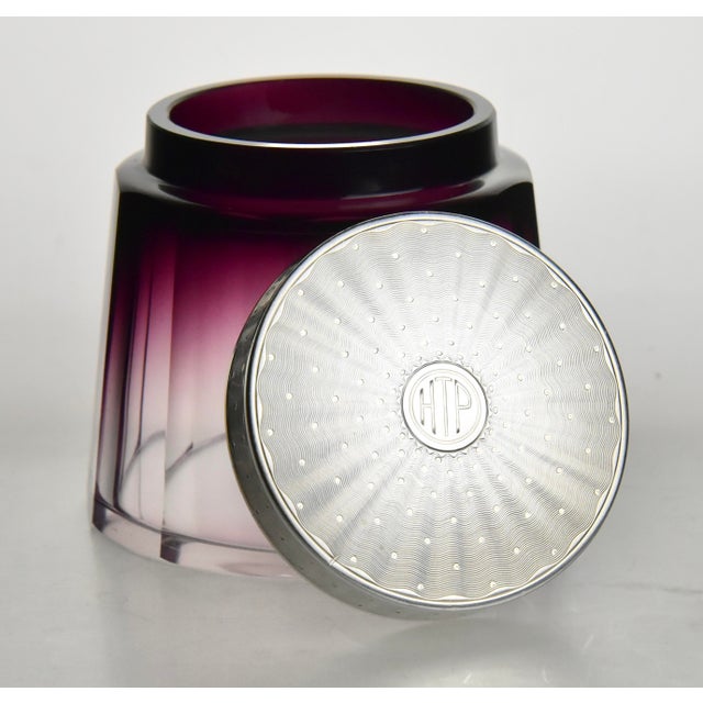 Art Deco !930s Hermès Vanity Set, Aubergine Cut Crystal Atomizer & Matching Silver Lidded Container For Sale - Image 3 of 9