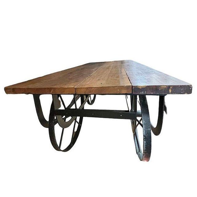 Metal 1990s Industrial Iron & Wood Railroad Style Rolling Trolly Cart Coffee Table For Sale - Image 7 of 7