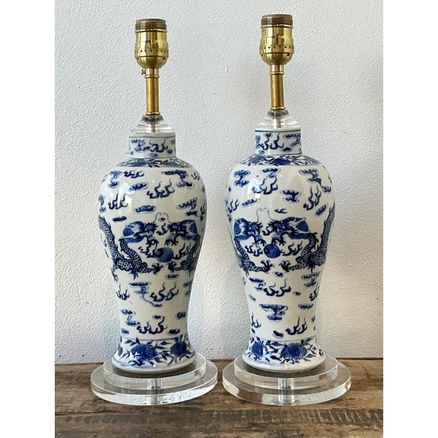 Late 20th Century Vintage Dragon Glazed Ceramic Lamps - A Pair For Sale - Image 5 of 12