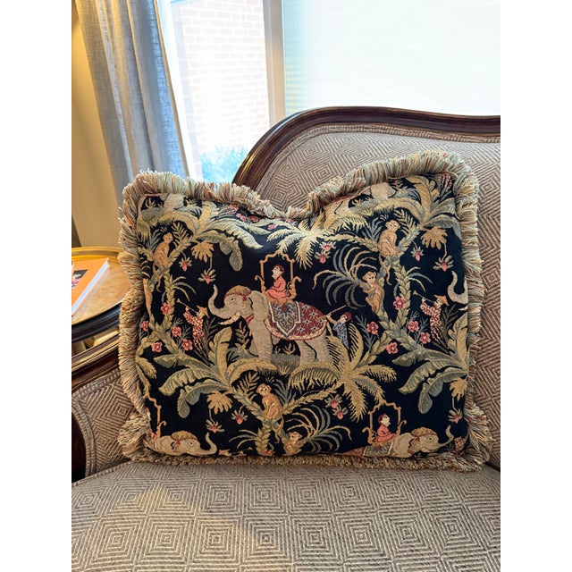 Vintage Chinoiserie Tapestry Throw Pillows With Elephants and Monkeys - A Pair For Sale - Image 4 of 13