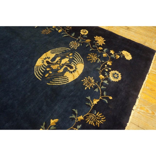 1920s Antique Blue Navy Traditional Floral Birds Chinese Peking Wool Rug For Sale - Image 10 of 10