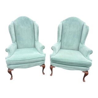 Pair of Vintage Wingback Light Blue Velvet Chairs For Sale