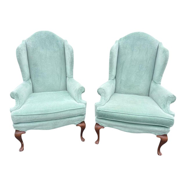 Pair of Vintage Wingback Light Blue Velvet Chairs For Sale