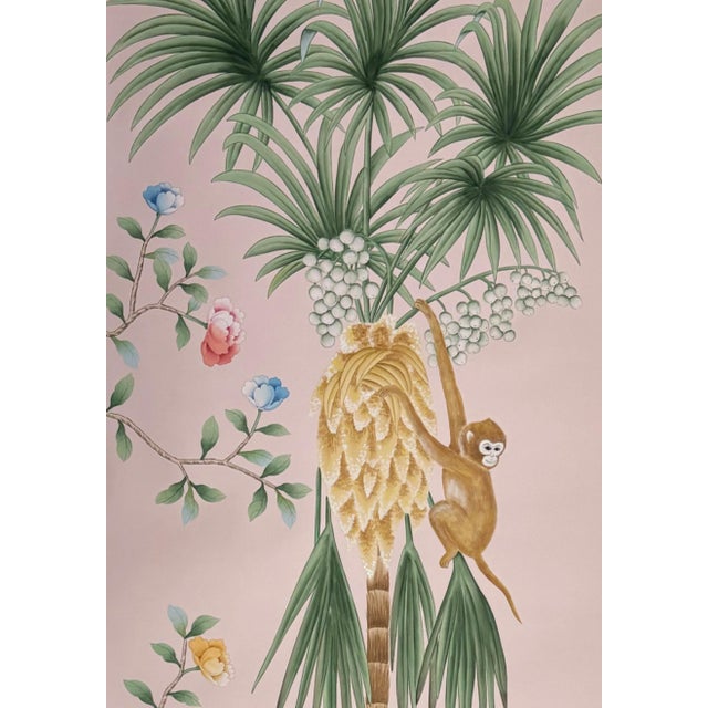 Chinoiserie Hand Painted Blush Pink Tropical Chinoiserie Wildlife Floral Mural 8-Panel Set For Sale - Image 3 of 9