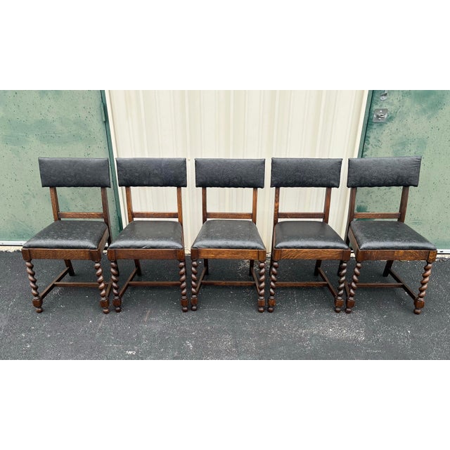 Antique Oak Barley Twist Dining Chairs- Set of 5 For Sale - Image 4 of 12