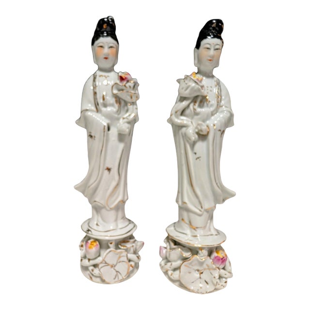 Chinese Republic Period Porcelain Guanyin Lotus Figures - A Pair For Sale